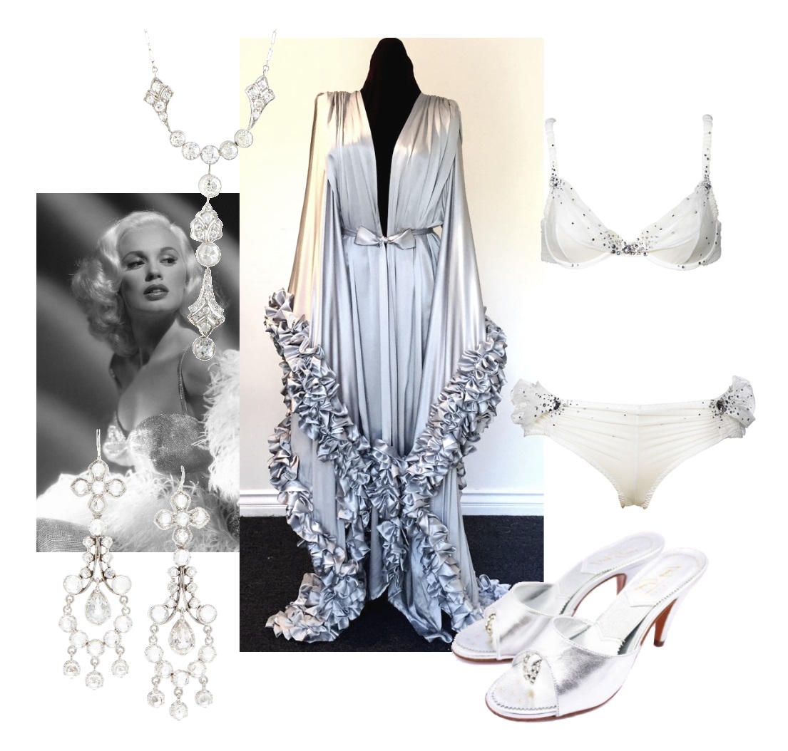 outfit set: old Hollywood glamour with an icy twist, satin dressing gown with bespangled lingerie set and boudoir mules, black-and-white photo of Mamie Van Doren